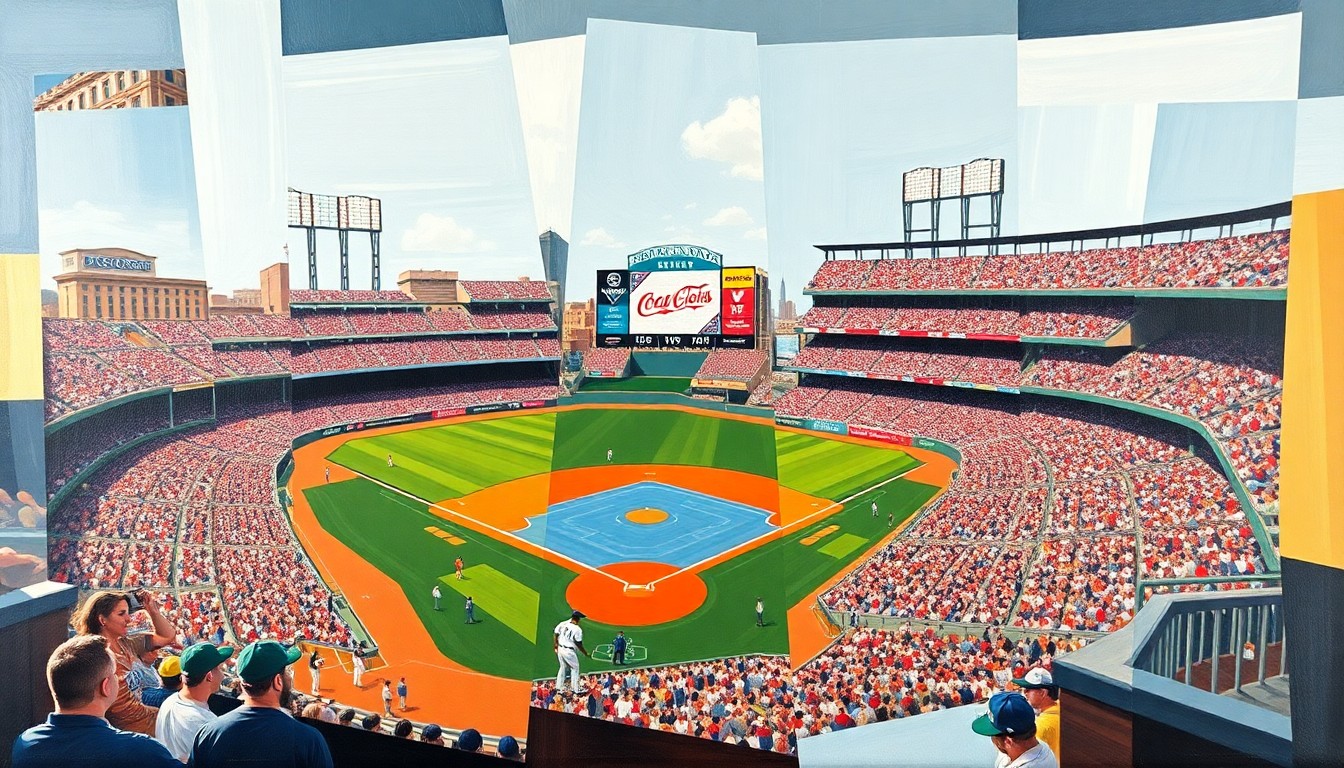 A cubist, geometric painting depicting a baseball game broken down into overlapping planes of color and shape, capturing the dynamic energy and shifting perspectives of the new Automated Ball-Strike technology.