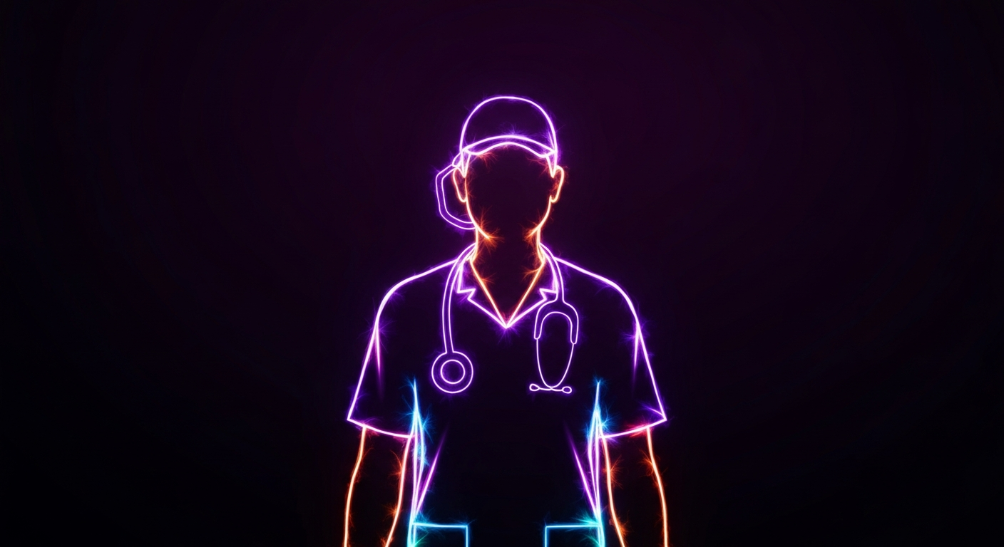 A glowing neon outline of a person's silhouette representing a community health worker, against a dark background, with vibrant lines suggesting energy and movement.
