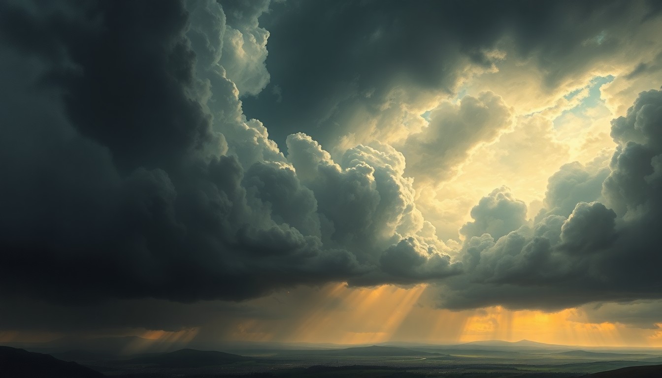 A sweeping, atmospheric landscape painting in muted tones of gray, blue, and gold, depicting a turbulent, stormy sky filled with dramatic, swirling clouds that dwarf a small city in the distance, conveying the overwhelming scale and power of extreme weather.