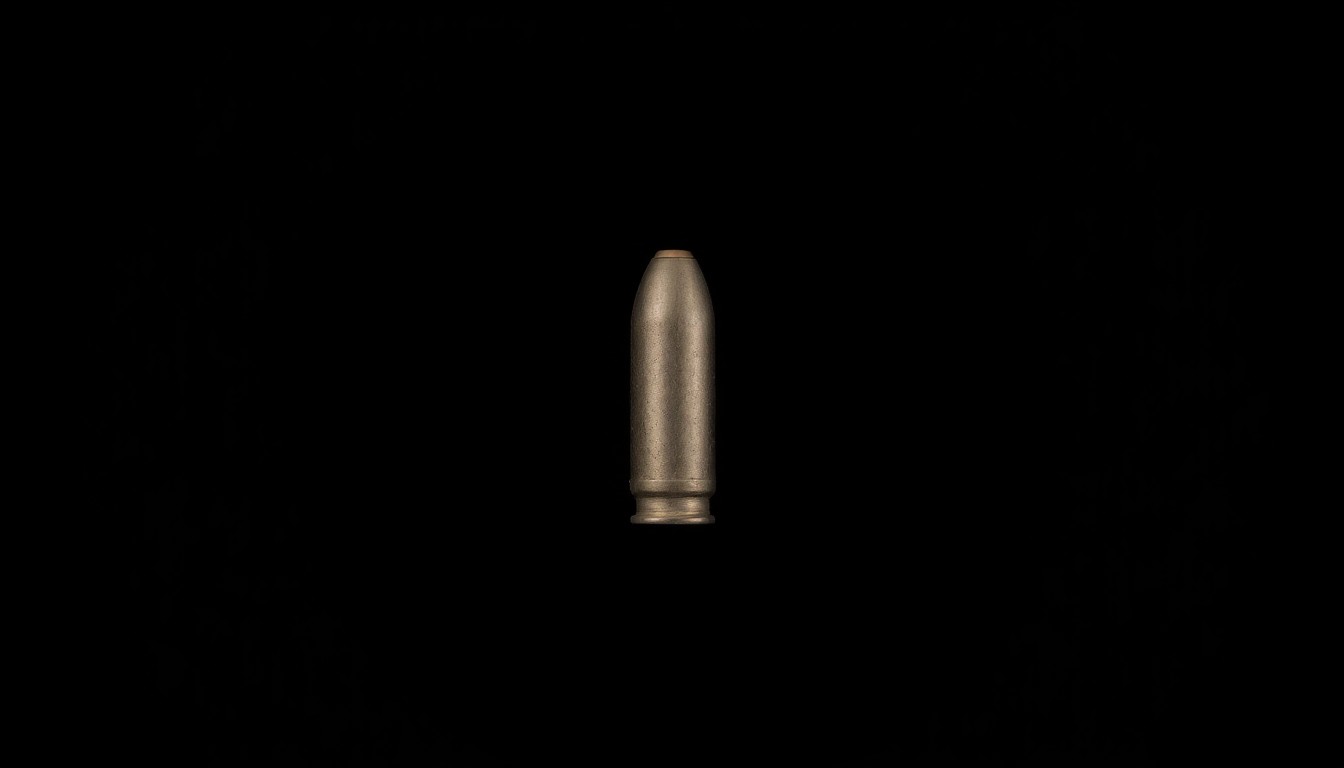 An extreme close-up photograph of a single bullet casing against a pitch-black background, the metallic texture and dramatic lighting creating a stark, gritty, investigative aesthetic.