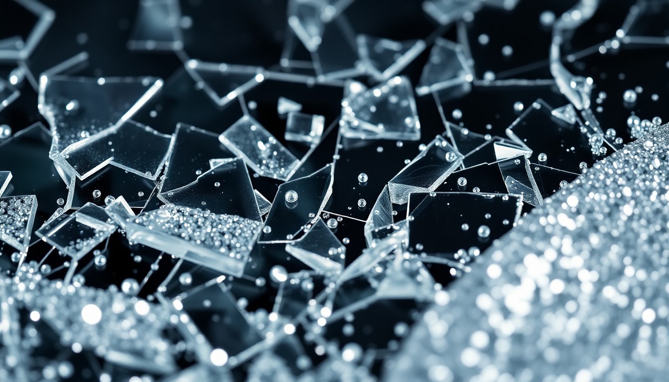 An abstract close-up photograph featuring shattered glass and glittering sequins, conveying the fragile nature of celebrity culture.