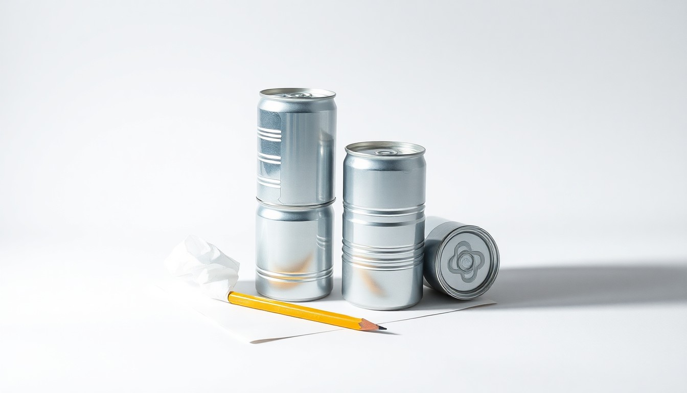 A photorealistic studio still life featuring a stack of recycled aluminum cans, a crumpled sheet of paper, and a single pencil arranged elegantly on a clean, white background, conceptually representing the intersection of creativity, innovation, and the recycling industry.