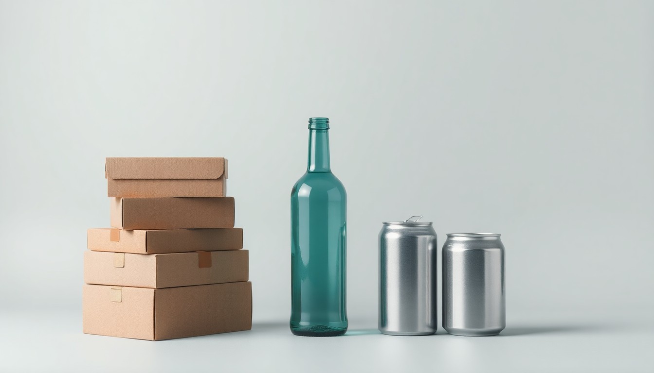 A minimalist studio still life featuring a stack of recycled cardboard boxes, a glass bottle, and a metal can arranged elegantly on a clean, monochromatic background, conceptually representing the advanced recycling infrastructure and circular economy supported by WM's new facility.