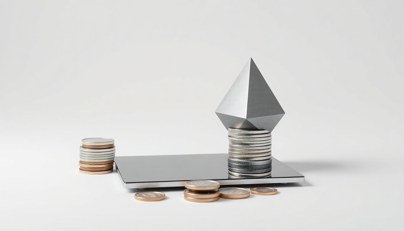 A minimalist studio still life featuring a stack of polished metal coins, a sleek glass data tablet, and a geometric brushed steel paperweight, symbolizing BMO's corporate strategy and financial growth in the Western U.S. markets.