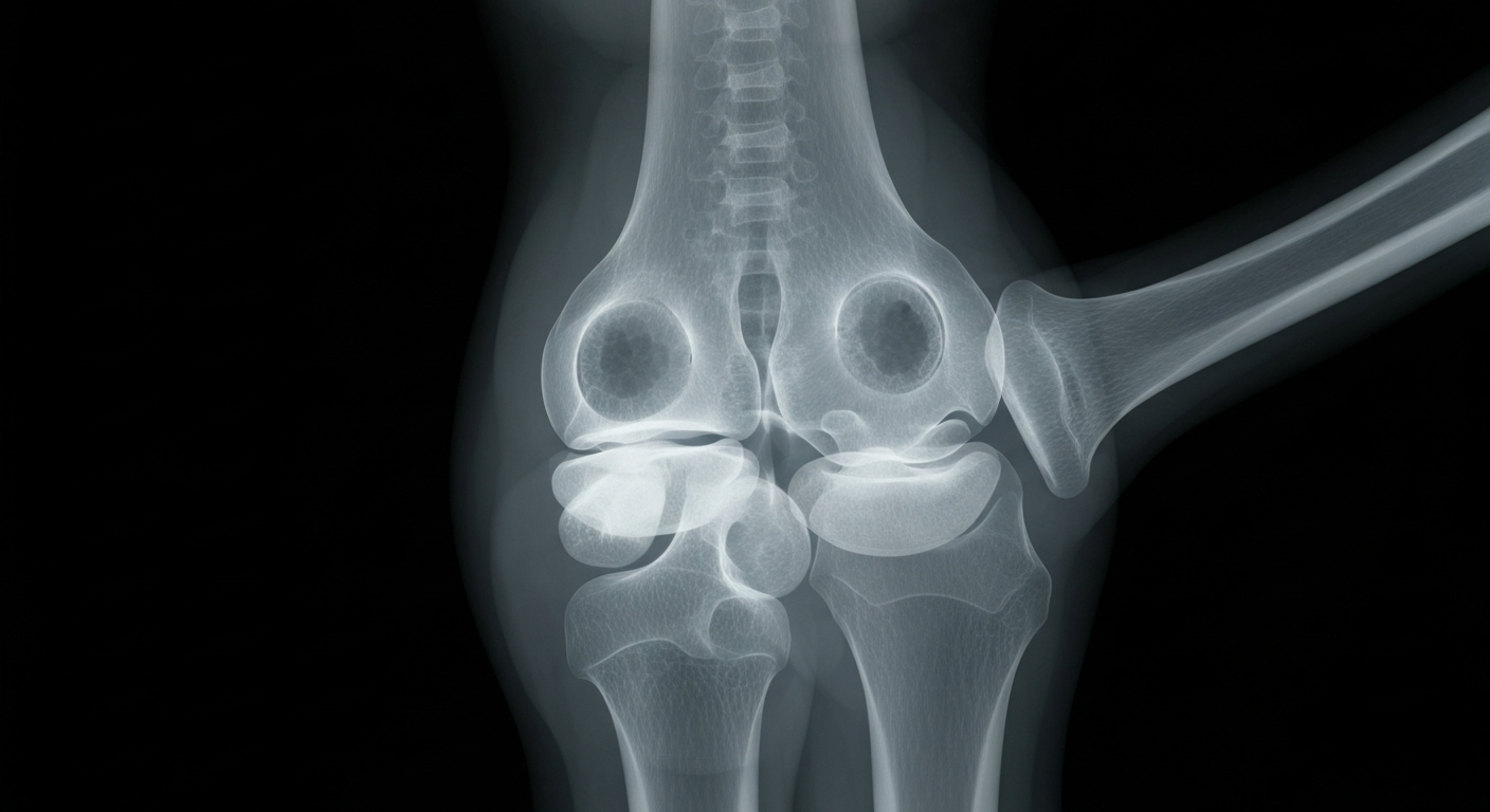 A translucent X-ray photograph showing the internal structure of a human joint, with areas of inflammation and damage visible as glowing, ghostly lines against a dark background, conceptually representing the potential of PEPITEM to address joint inflammation and damage in arthritis.