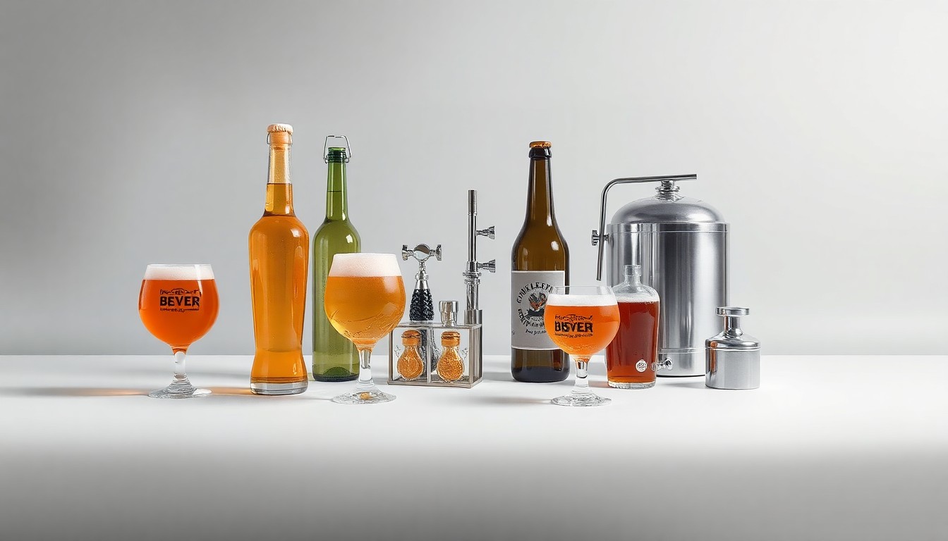 A high-end, photorealistic studio still-life photograph featuring a collection of polished beer glasses, bottles, and brewing equipment arranged elegantly on a clean, monochromatic background, conceptually representing the quality and innovation of the new Flower Shop Beer Werks brewery.