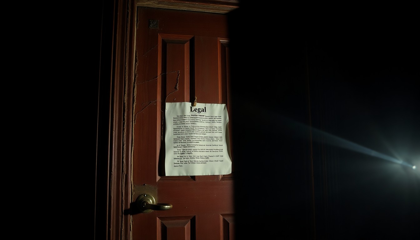 An extreme close-up photograph of a crumbling, damaged front door with a legal notice attached, conceptually illustrating the aftermath of a real estate investment fraud scheme.