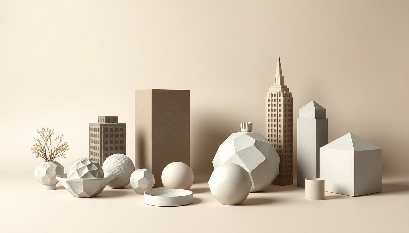 A high-end, photorealistic studio still-life photograph featuring a collection of premium, geometric objects arranged elegantly on a clean, monochromatic seamless background, conceptually representing the abstract themes of real estate development, urban transformation, and the tension between preserving community character and adapting to economic change.
