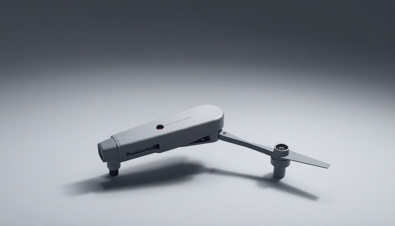 A high-end, photorealistic studio still-life photograph featuring a sleek, metallic drone component or assembly tool floating on a clean, monochromatic seamless background, dramatically lit to represent the precision engineering and advanced technology powering AeroVironment's defense products.