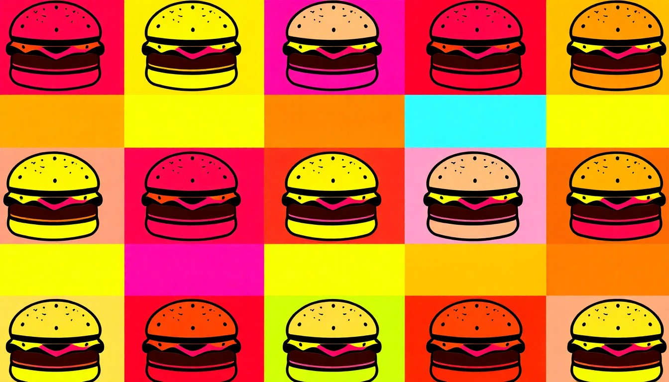 A bold, colorful silkscreen-style illustration featuring a single hamburger icon repeated in a grid pattern, capturing the energy and excitement around Nashville's burger bracket competition.