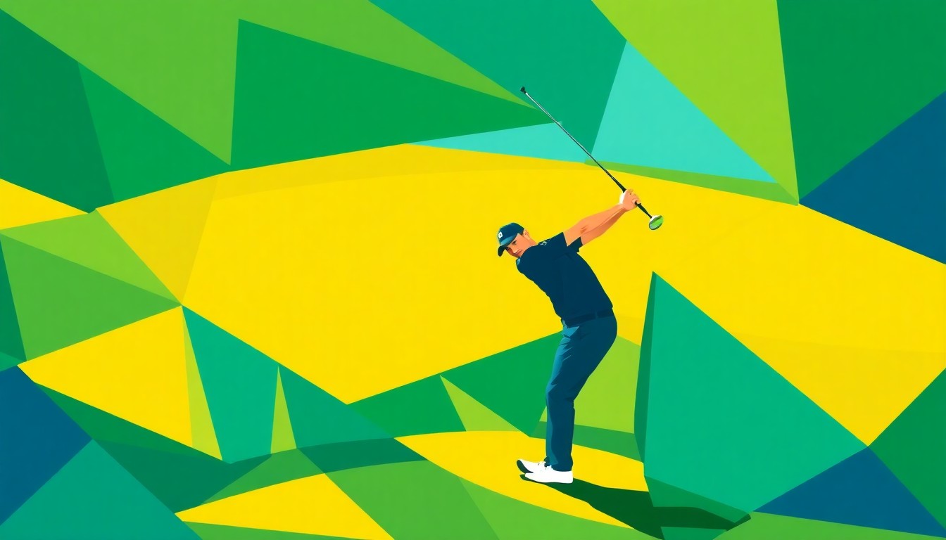 A cubist, geometric painting depicting the fractured, multi-perspective elements of Rory McIlroy's final shot at the 2026 Masters, with sharp planes of emerald green, azure blue, and golden yellow conveying the raw energy and drama of the moment.