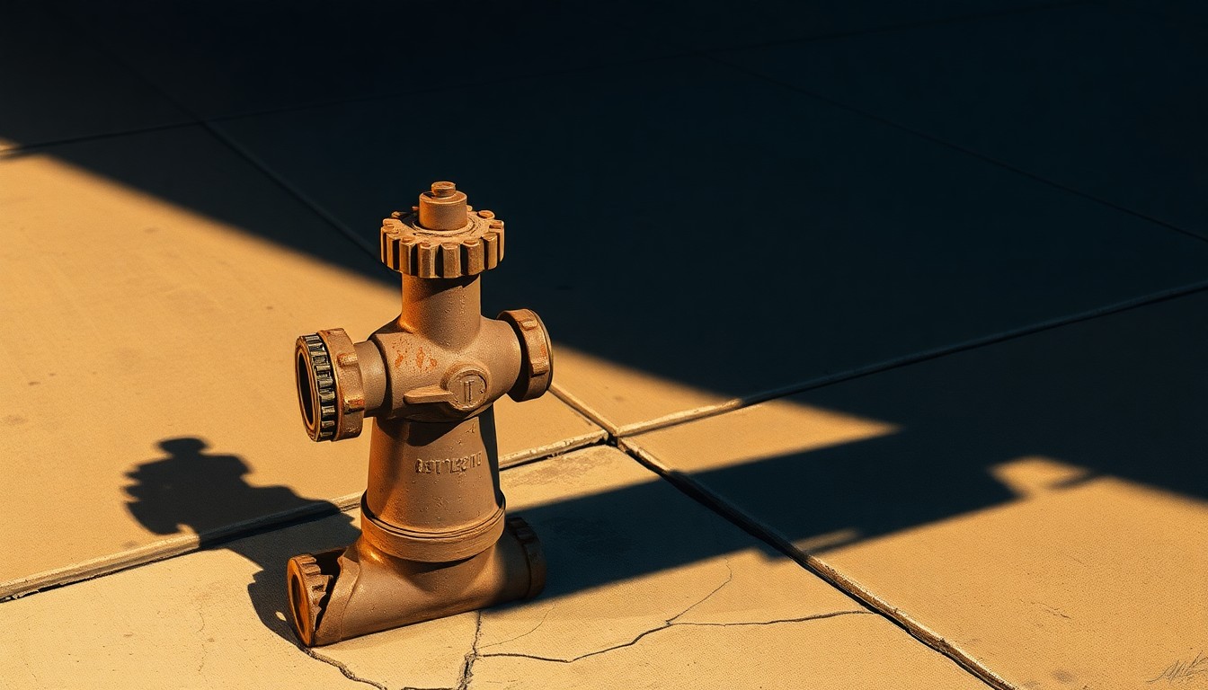 A detailed, photorealistic painting of an old, rusted water valve on a cracked concrete sidewalk, with warm, golden sunlight casting long shadows across the scene, capturing a sense of urban decay and the need for infrastructure reform.