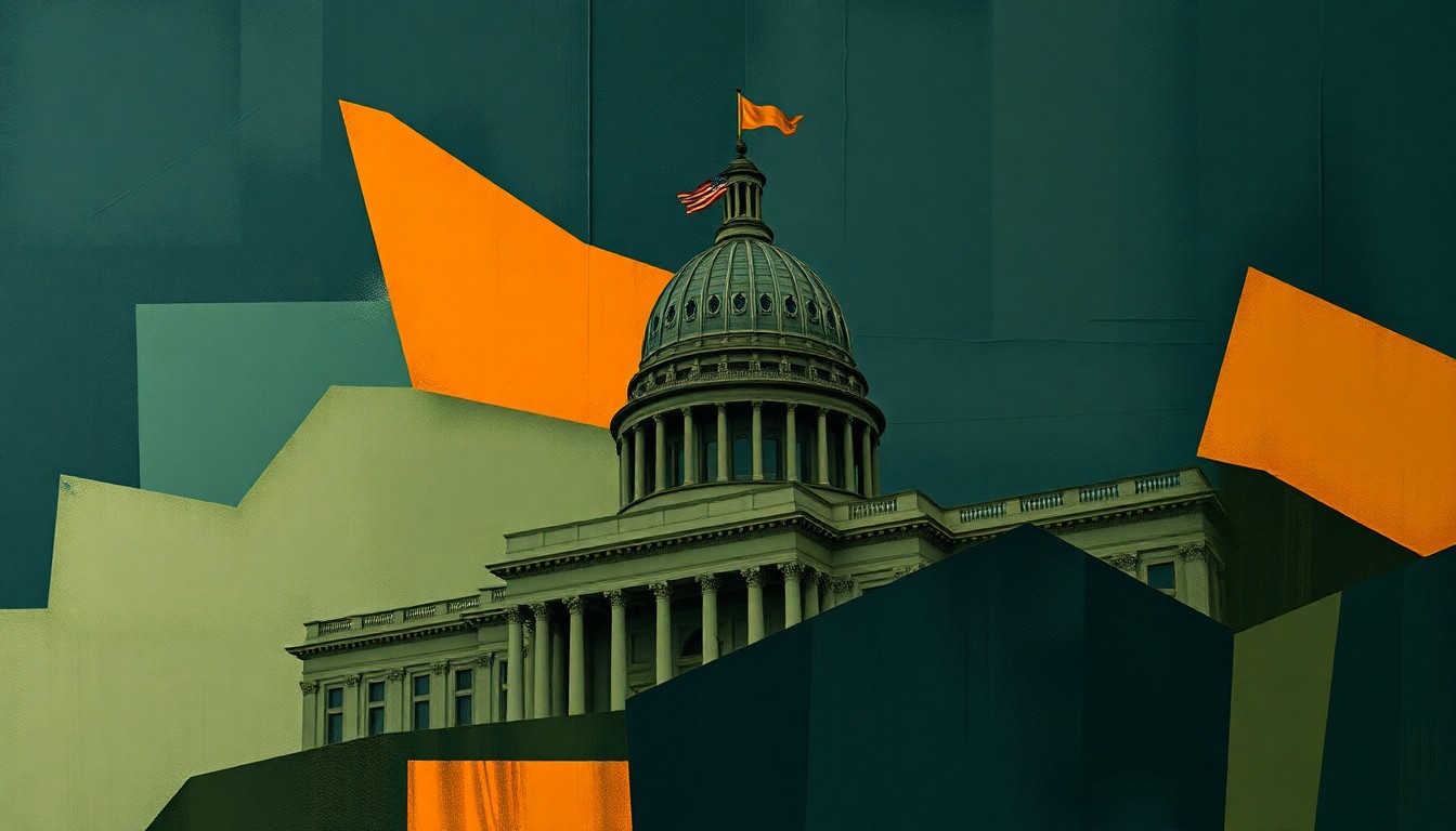 A dynamic, abstract painting featuring overlapping geometric shapes and fragments in shades of blue, green, and orange, conceptually representing the controversy and uncertainty surrounding the appointment of a new Mossad chief.