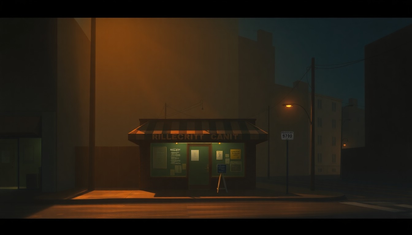 A serene, cinematic painting depicting the exterior of a military recruitment office in a dimly lit urban setting, with warm sunlight casting long shadows across the scene, conceptually representing the uncertainty and unease surrounding the shift to automatic draft registration.