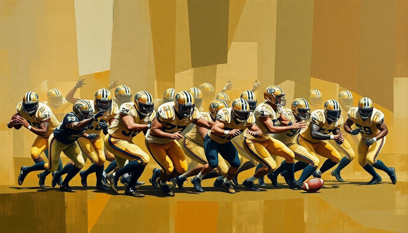 A fragmented, geometric painting depicting the explosive movements and collisions of a football pass rush, rendered in muted earth tones without any identifiable figures or logos.