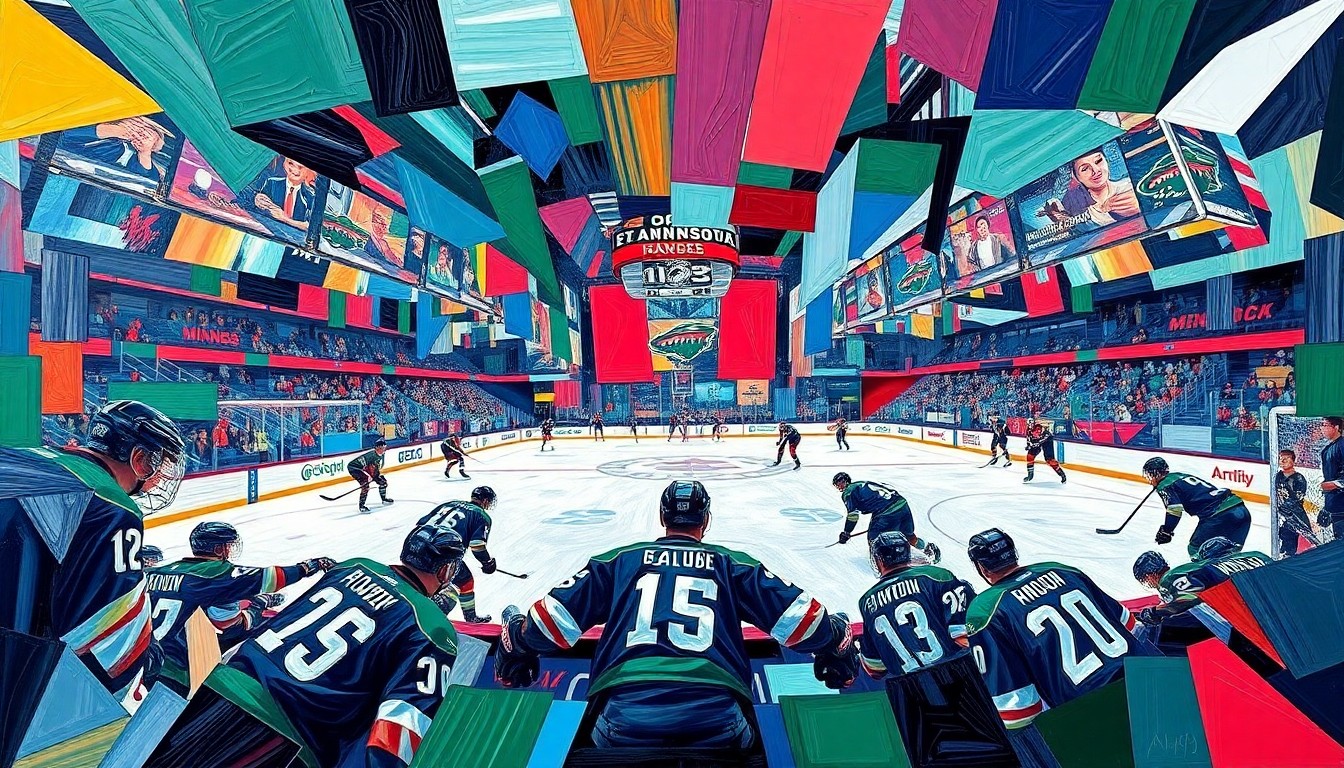 A fractured, cubist-style painting depicting a Minnesota Wild hockey game, with the players and rink broken down into sharp, overlapping geometric shapes and planes of vibrant colors.