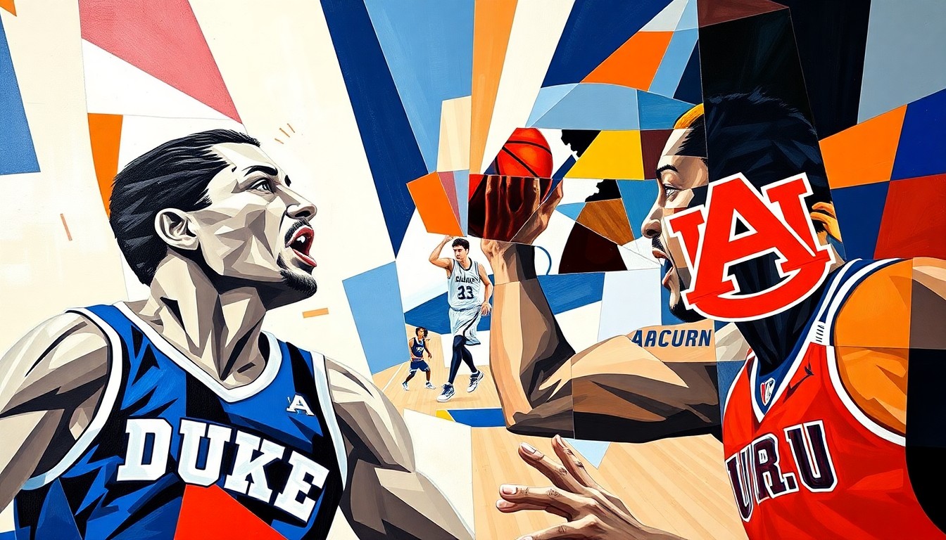 A cubist-style painting depicting the action of a college basketball game, with the players' bodies and movements broken down into overlapping geometric shapes and planes in shades of blue, orange, and red.