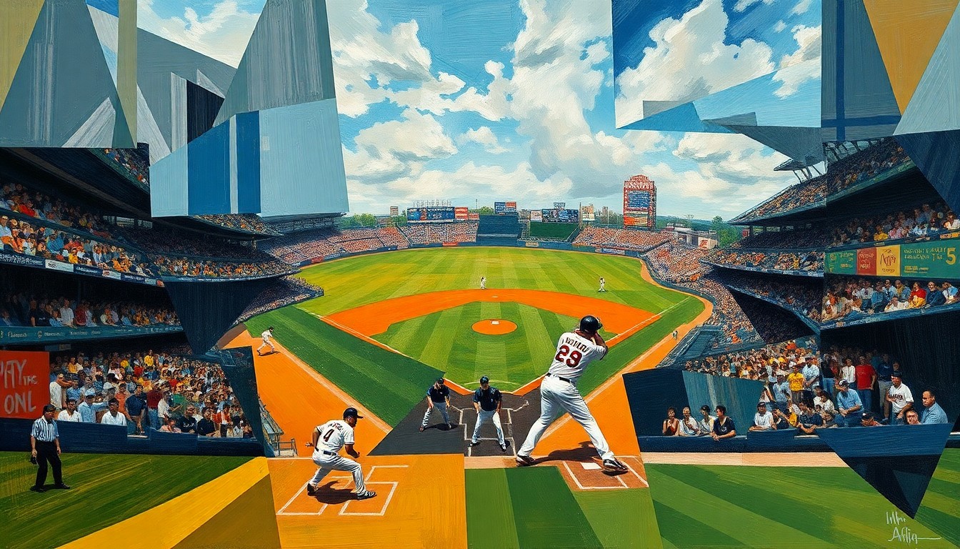A cubist, geometric painting depicting a baseball game or match, with players and the field broken down into sharp, overlapping planes of color and shape, capturing the multi-perspective nature of the rankings controversy.