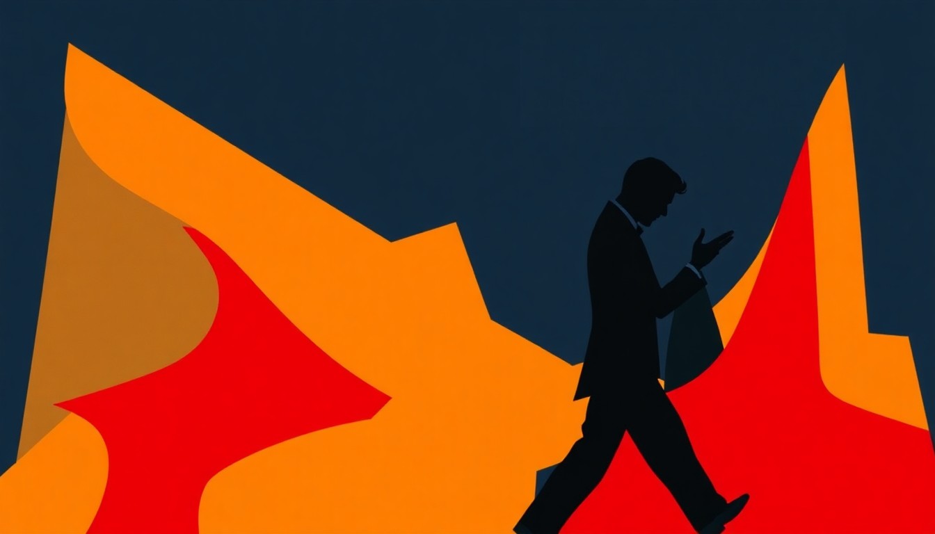 An abstract, minimalist illustration featuring bold, jagged shapes in shades of red, ochre, and blue, conceptually representing the passionate movement and emotional connection of Argentine tango.