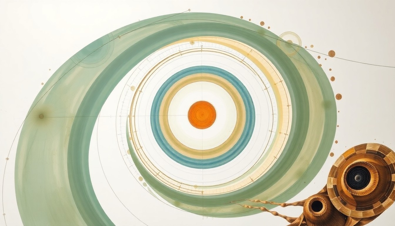 A bold, highly structured abstract painting in muted earth tones, featuring sweeping geometric arcs, concentric circles, and precise botanical spirals, conveying the structural order and interconnectedness of cancer research and treatment.