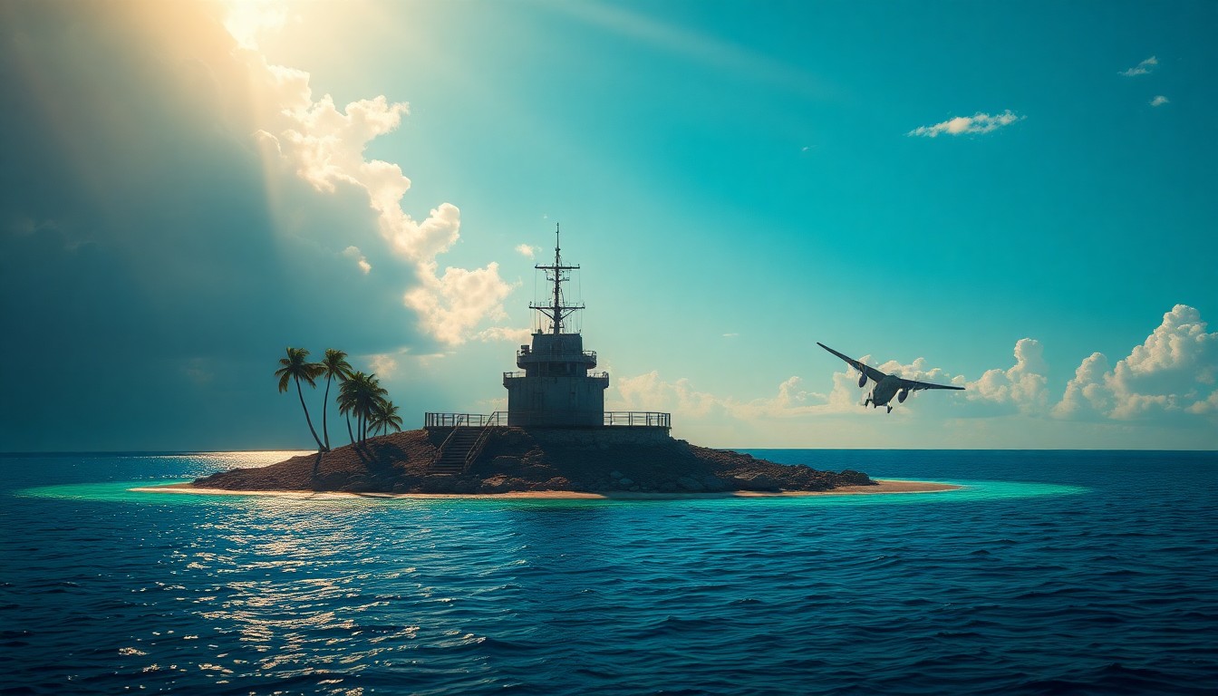 A quiet, cinematic painting of an abandoned military outpost on a remote tropical island, bathed in warm, diagonal sunlight and deep shadows, conveying a sense of melancholy and the fragility of geopolitical power.