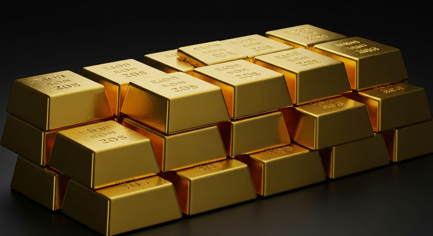 An extreme close-up of a stack of shiny, heavy gold bullion bars, dramatically lit against a dark background, conceptually representing the financial security and wealth-building potential of the Amex Gold Card.