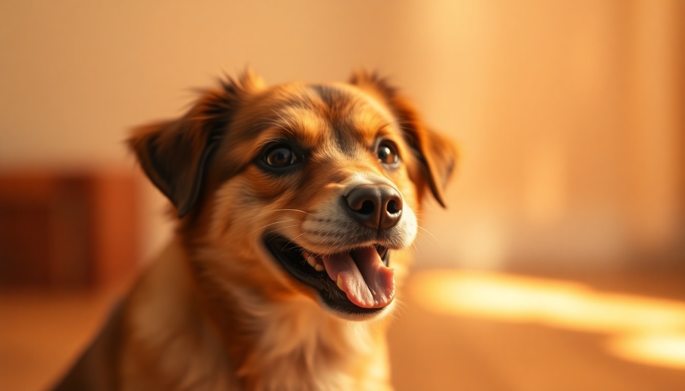 An extremely abstracted, out-of-focus photograph in soft, warm tones depicting a dog's face as it enjoys a treat, with the background blurred into indistinct shapes and pools of light, conveying a sense of peaceful intimacy and the fleeting nature of life.