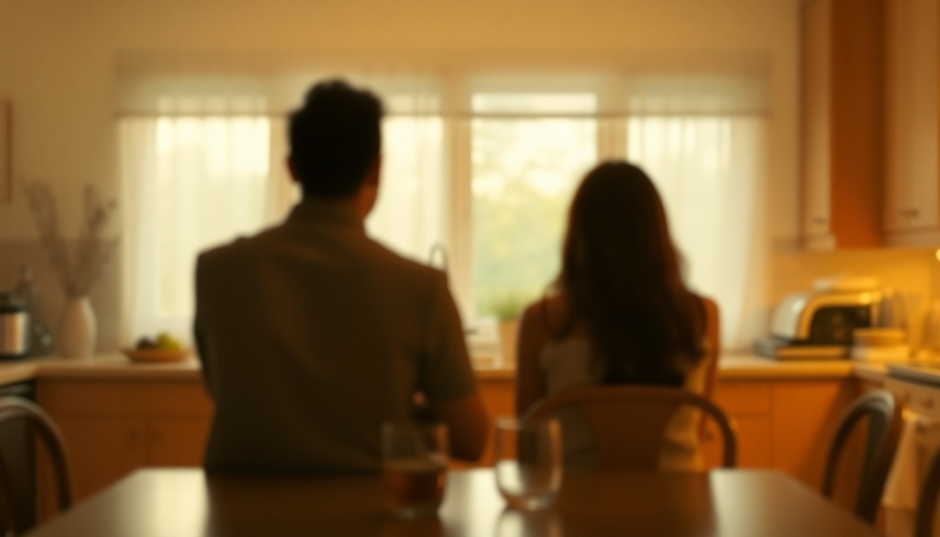 An extremely abstracted, out-of-focus photograph of a couple sitting at a kitchen table, their faces obscured in soft, warm pools of light, conceptually representing the emotional disconnect in their relationship.
