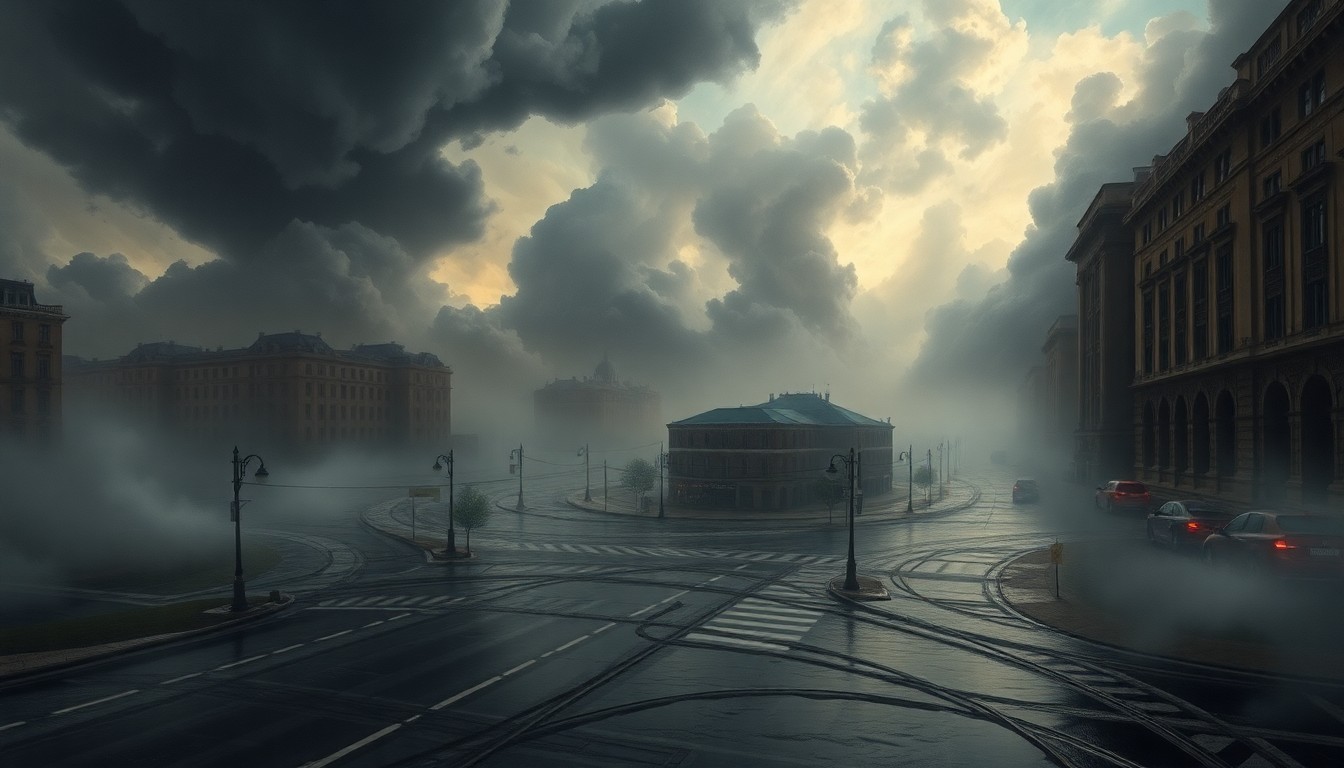 A sweeping, atmospheric landscape painting depicting a flooded city street intersection, with the powerful forces of nature dwarfing the man-made structures below.