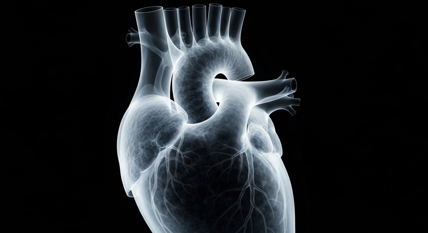 A translucent, ghostly X-ray image showing the intricate internal structure of a human heart, glowing against a dark background and conveying the clinical nature of heart disease, the top cause of death in Dallas County.
