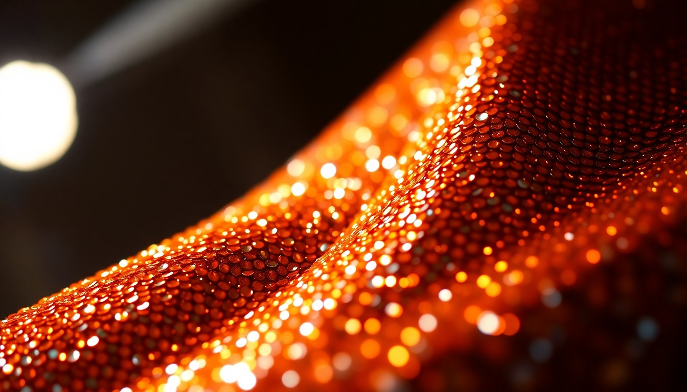 An extreme close-up photograph of shimmering, high-contrast sequins in a dramatic, high-fashion studio lighting setup, conceptually representing the glitz and glamour of celebrity culture.
