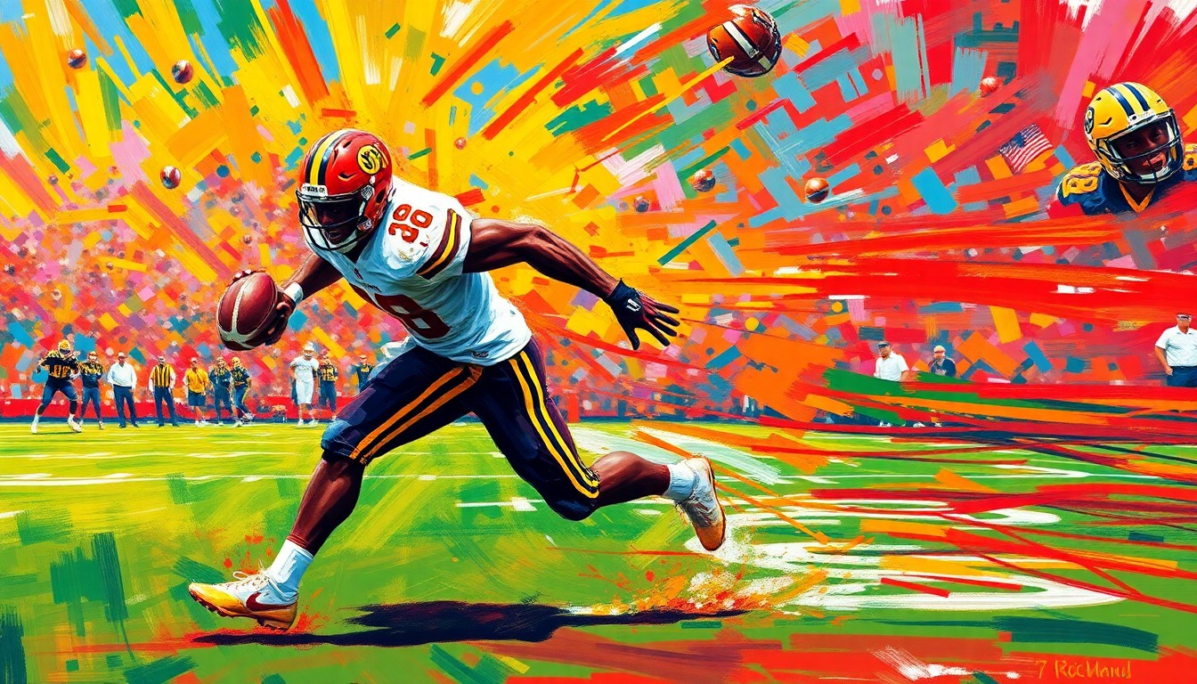 An abstract, energetic painting featuring bold brushstrokes in neon colors, capturing the dynamic movement and power of a football player in action.