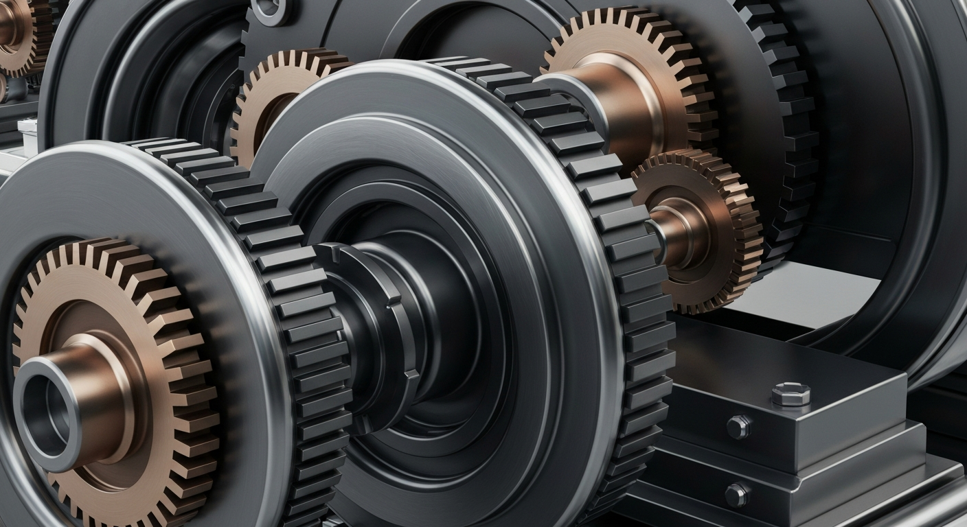 An extreme close-up of heavy, interlocking gears and polished metal components, conceptually representing the complex financial infrastructure behind a real estate investment trust's growth strategy.