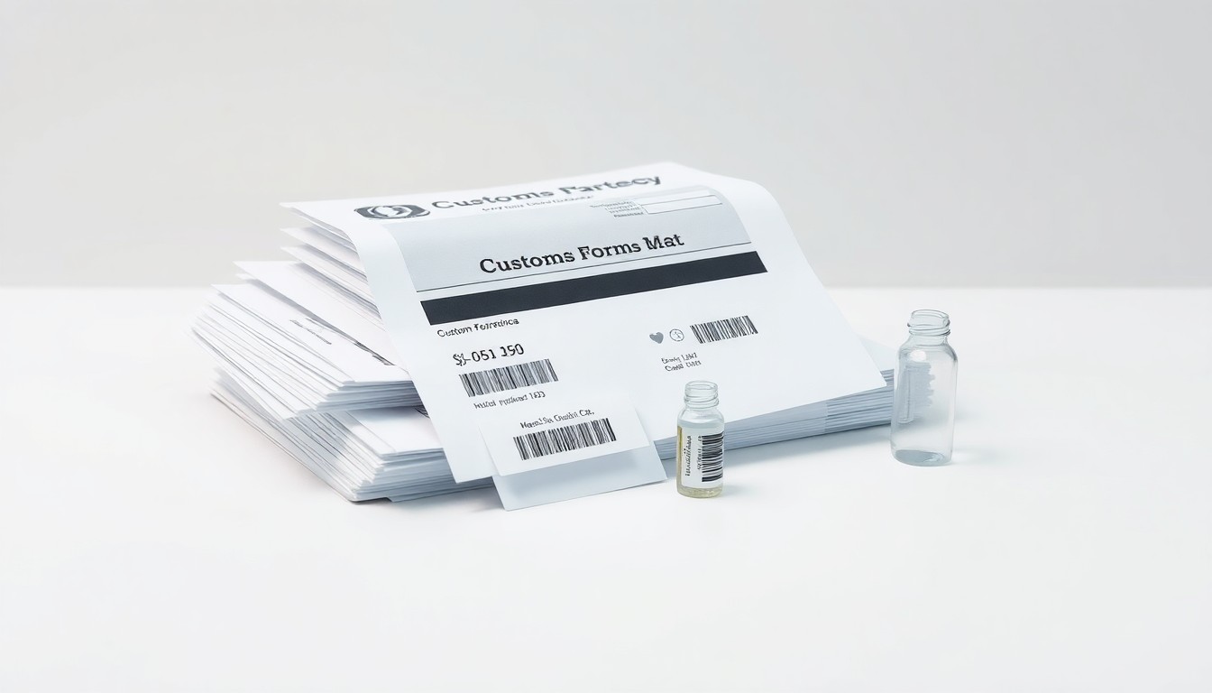 A minimalist studio still-life photograph featuring a stack of customs forms, a shipping label, and a small glass vial on a clean, monochromatic background, symbolizing the abstract corporate strategy and logistics challenges of global clinical trial compliance.