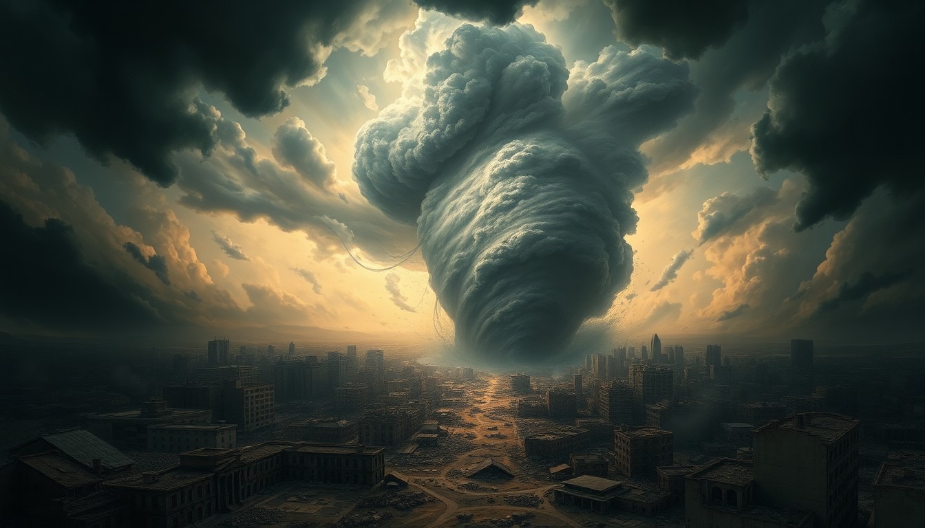A dramatic landscape painting in muted tones of grey, blue, and green, depicting a tornado-ravaged cityscape shrouded in heavy, ominous clouds. The scene uses deep atmospheric perspective and dramatic backlighting to convey the overwhelming, sublime scale of the natural disaster, with any remaining structures or debris dwarfed by the overwhelming power of the storm.