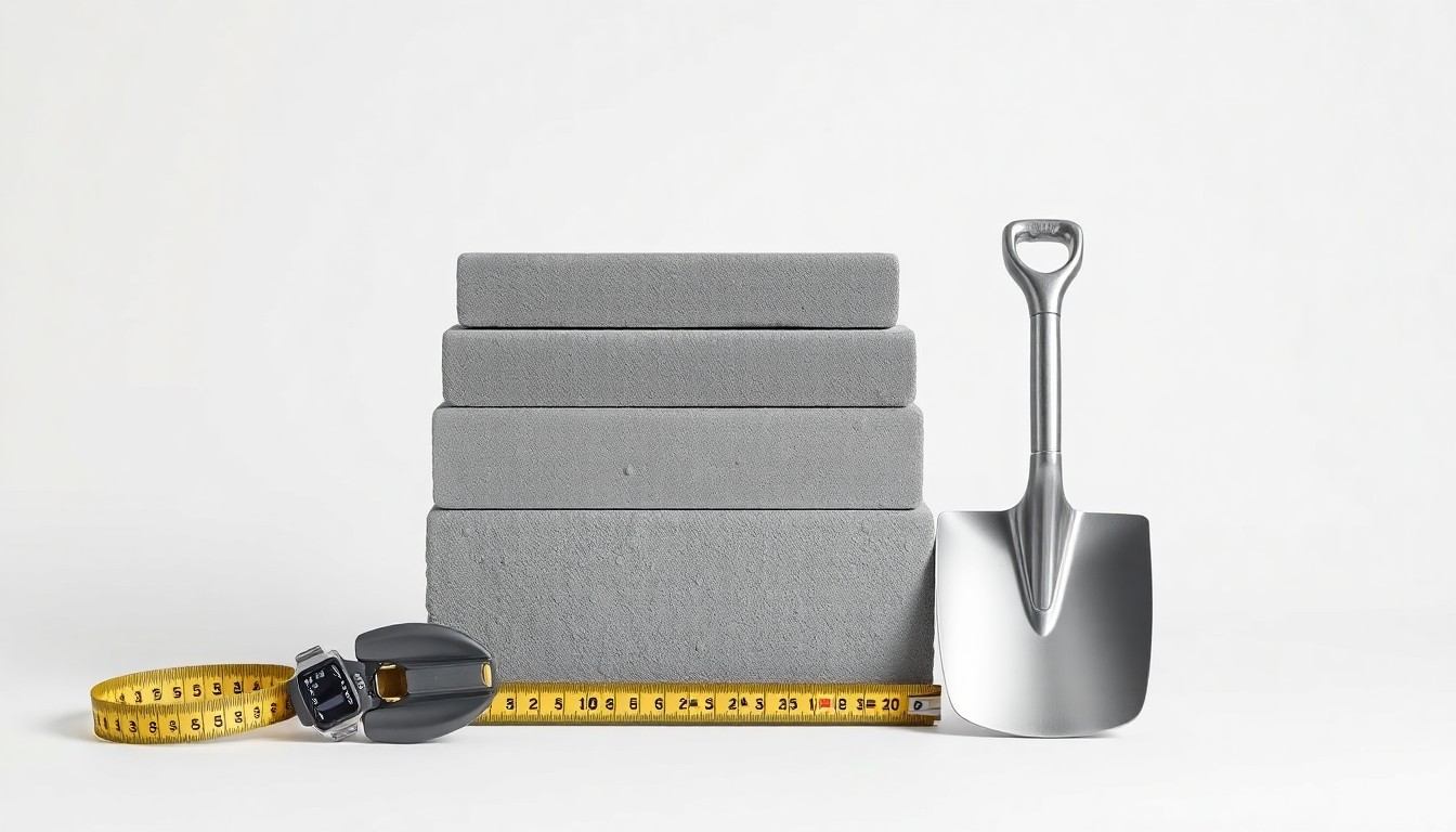 A photorealistic studio still life featuring a stack of smooth, polished gray concrete blocks, a metal shovel, and a tape measure arranged elegantly on a clean white background, conceptually representing the materials and tools used in road construction and maintenance.