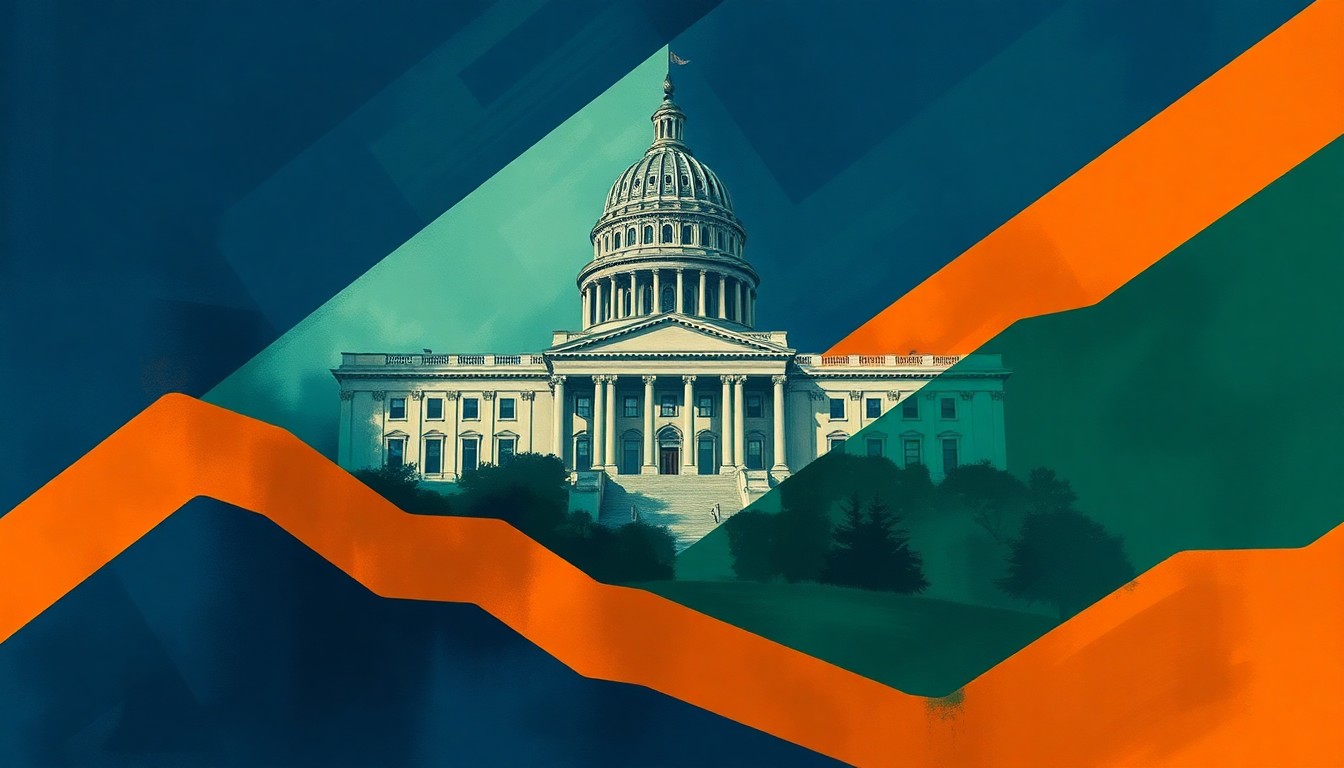 A dynamic, abstract painting featuring overlapping geometric shapes and waves of dark blue, forest green, and burnt orange, conceptually representing the tensions between unions and local governments over public pension reforms.