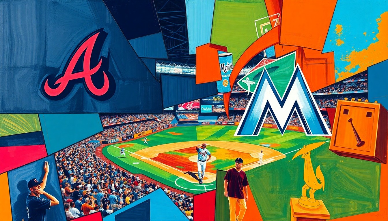 A fractured, multi-perspective painting in a cubist style, featuring overlapping geometric planes in the colors of the Atlanta Braves and Miami Marlins baseball teams, capturing the dynamic energy of their upcoming game.
