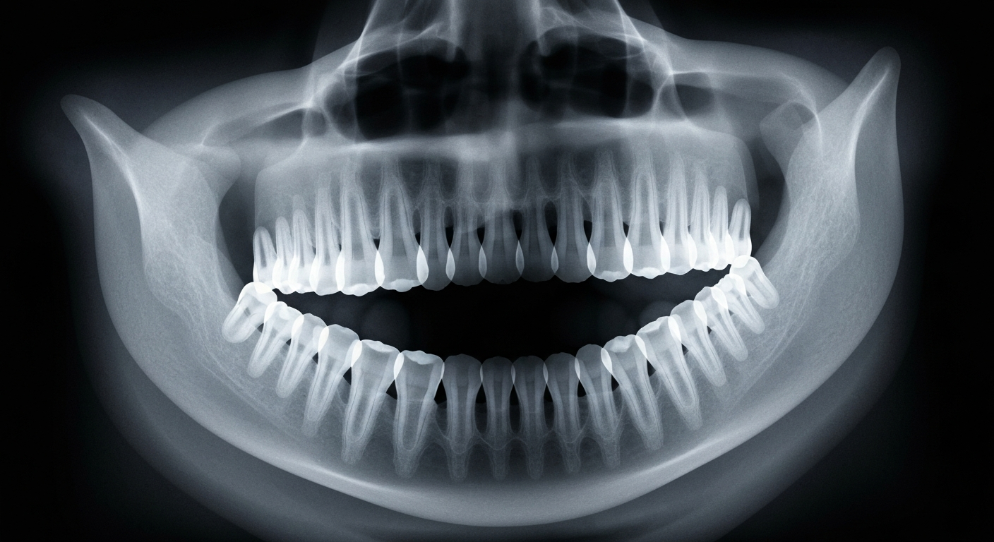 A ghostly, translucent X-ray image revealing the internal structures of a human mouth, with receding gums and worn enamel visible, conceptually illustrating the long-term effects of aggressive tooth brushing.