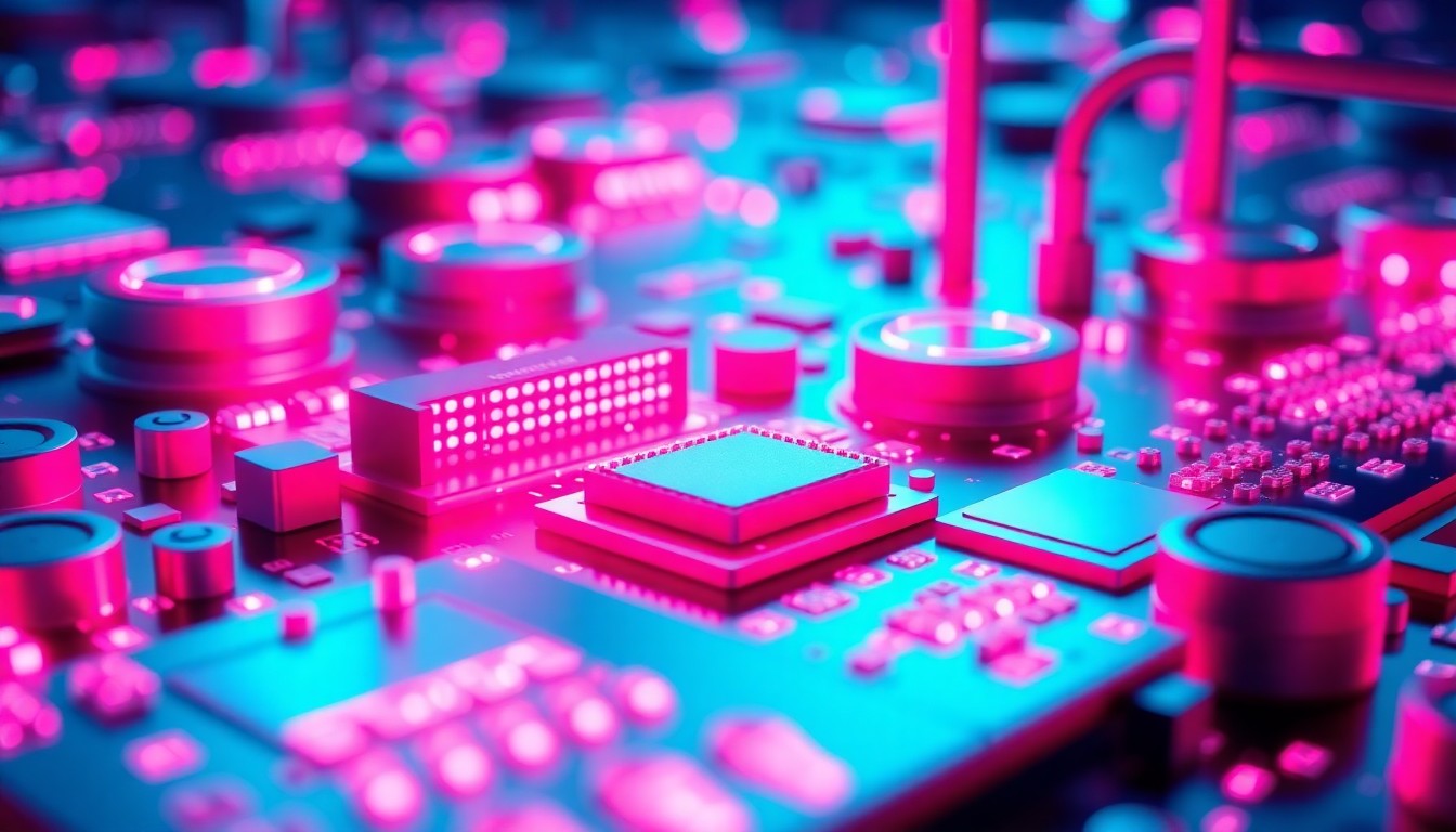 A highly detailed, glowing 3D macro illustration of futuristic semiconductor wafers and chip components in vibrant neon cyan and magenta hues, conceptually representing the advanced technology and infrastructure behind the competitive 2nm chip manufacturing landscape.
