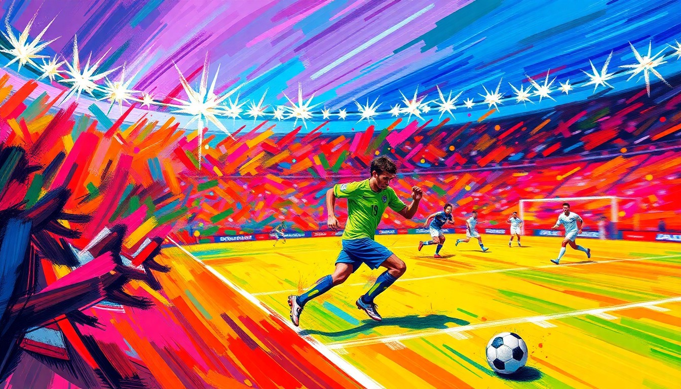 An abstract painting featuring bold, sweeping brushstrokes in neon shades of blue, green, and orange, conceptually representing the dynamic energy and intensity of a professional soccer match.