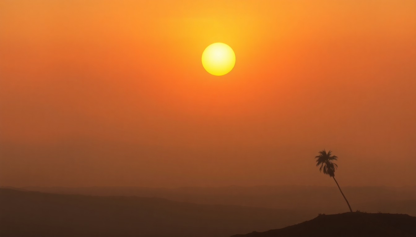 A sweeping, atmospheric landscape painting in muted tones of gold, ochre, and hazy blue, depicting a lone palm tree silhouetted against a sun-drenched horizon, conveying the overwhelming scale and oppressive heat of an extreme weather event.