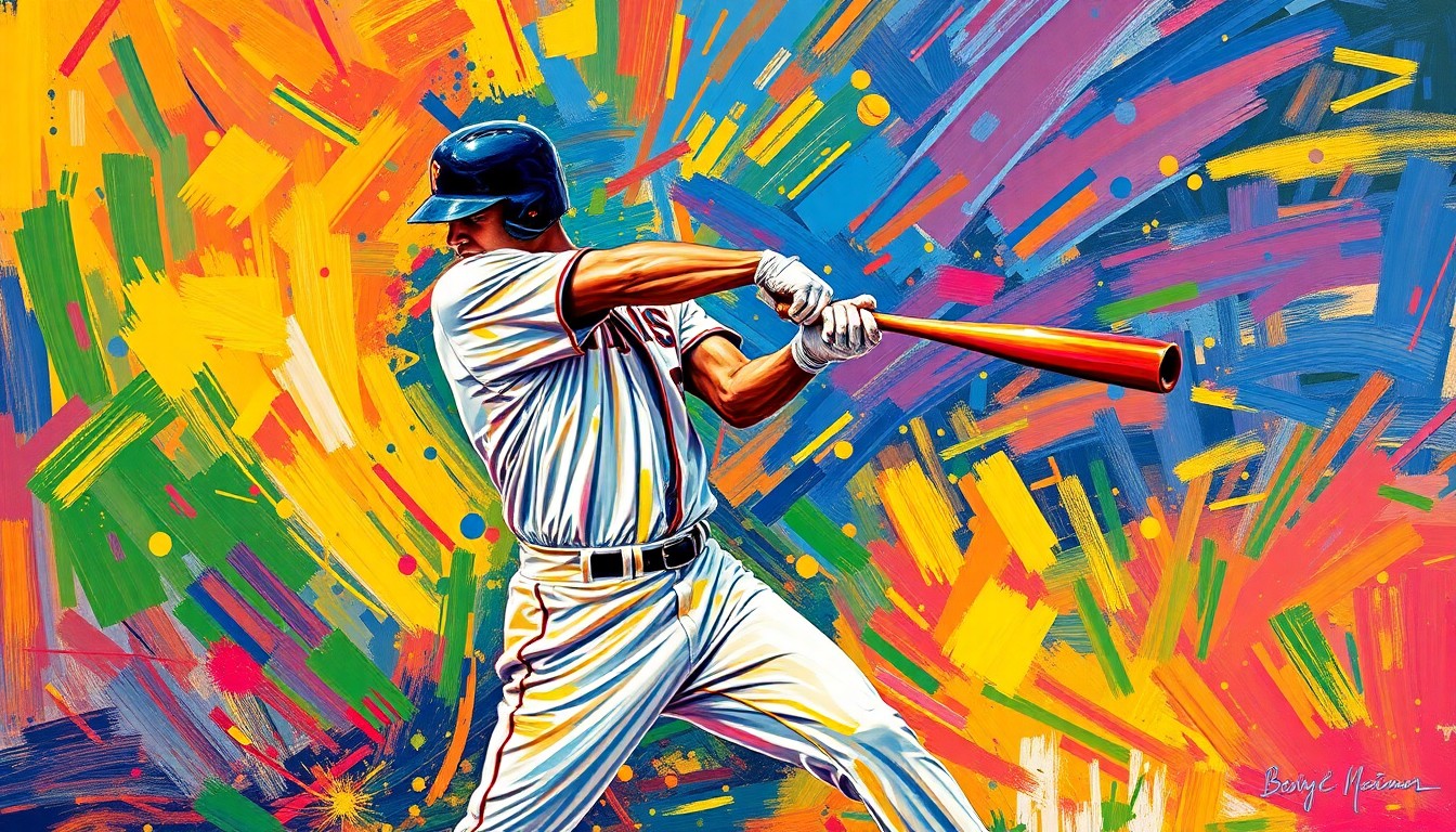 An abstract, energetic painting using bold, neon-colored brushstrokes to depict the powerful swing and motion of a baseball player hitting a home run.