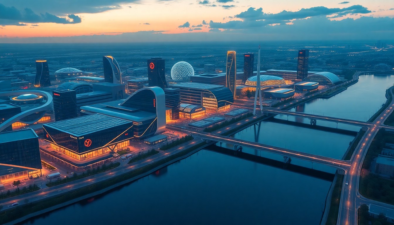 A conceptual 3D illustration of a futuristic, glowing tech campus with sleek, illuminated buildings and infrastructure along a riverfront, representing the future development of Oracle's new Nashville headquarters.