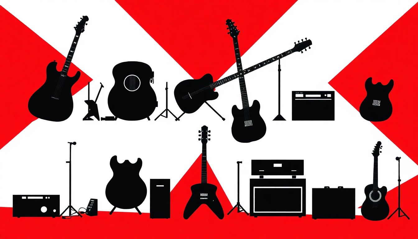 An abstract, minimalist illustration featuring sharp, angular black silhouettes of musical instruments and audio equipment against a high-contrast red and white background, conceptually representing the growing influence of AI in the music industry.