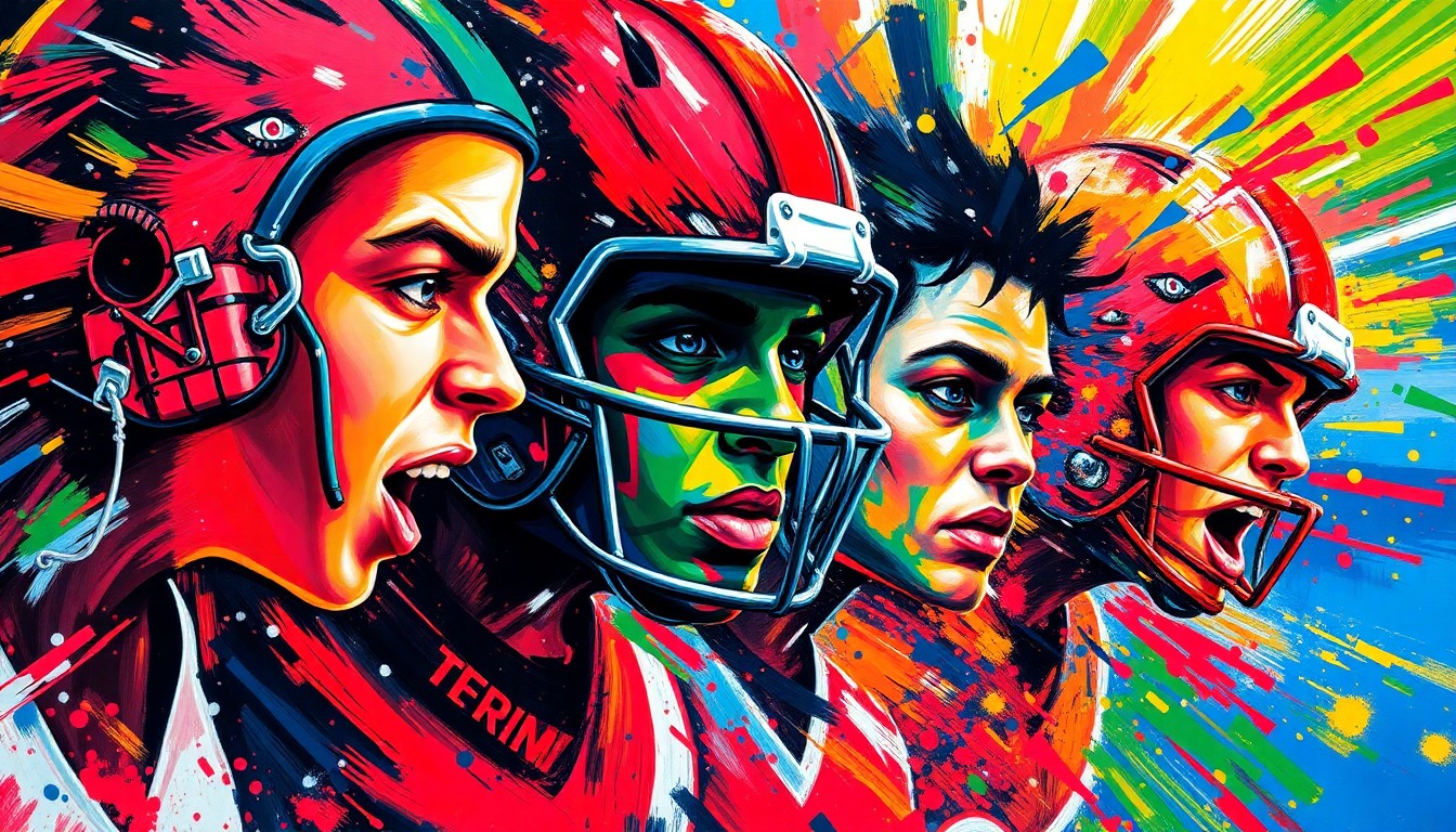 An abstract, expressionist painting in vibrant neon colors depicting the dynamic movement and energy of high school sports, with faces and details dissolving into textured brushstrokes.