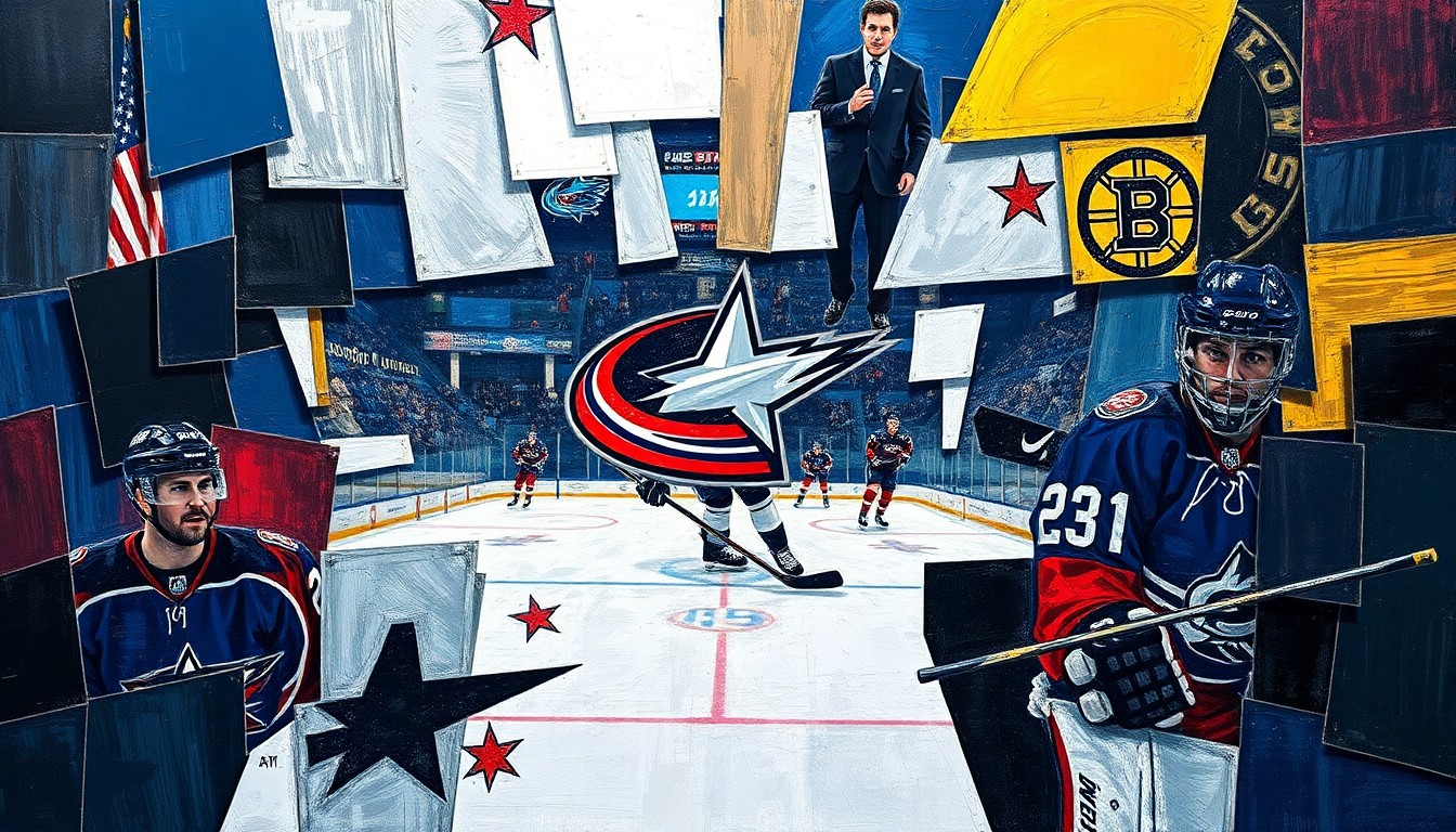 A fractured, geometric painting depicting a hockey game between the Columbus Blue Jackets and Boston Bruins, with the team colors used throughout the abstract, overlapping shapes and planes.