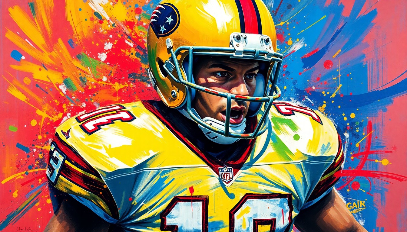 An abstract expressionist painting in neon colors capturing the dynamic motion and energy of an American football player, with their features and uniform dissolving into vibrant brushstrokes.