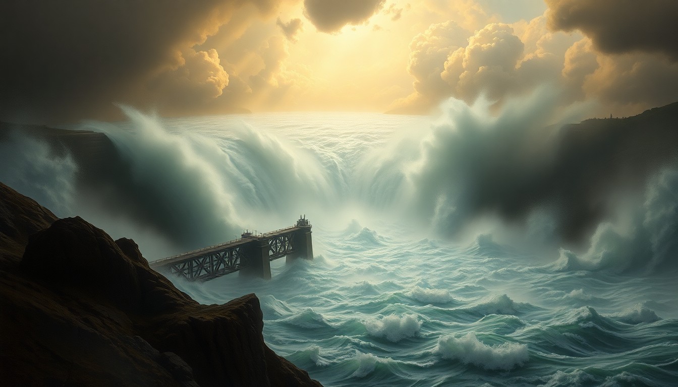 A vast, majestic landscape painting depicting the Bonnet Carré Spillway on the Mississippi River as a small, insignificant structure overwhelmed by the turbulent, swirling floodwaters, conveying the sublime scale of the natural forces at play.