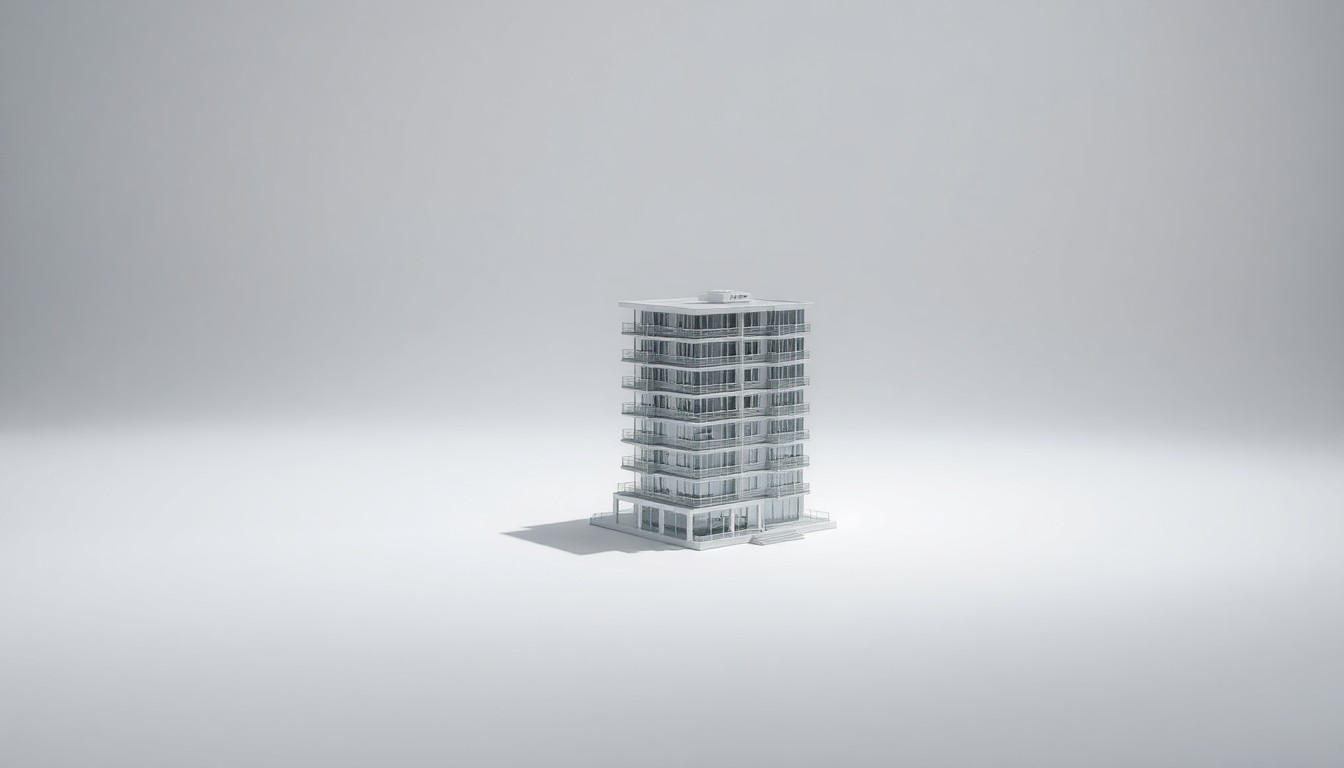 A photorealistic studio still-life photograph of a scale model of a modern apartment building made from polished metal and glass, floating on a clean white background with a sharp shadow creating a sense of depth and tension.